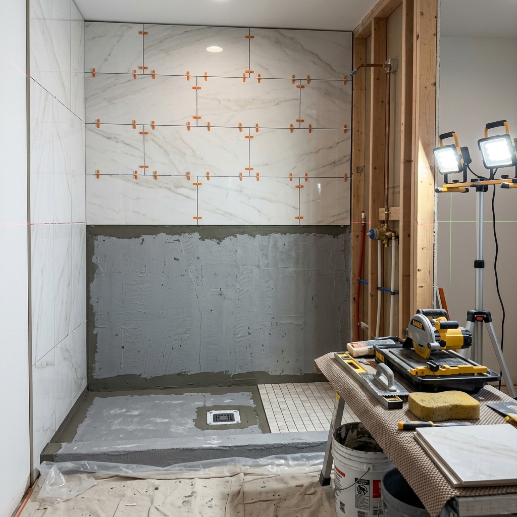 Tub to Shower Conversion In Progress - Tile Installation by Discount Bath LLC Denver